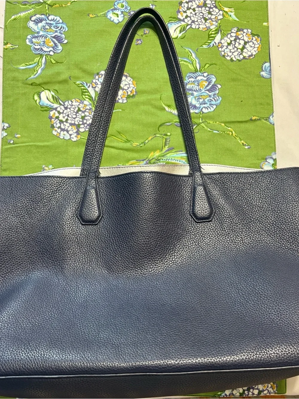 Tory Burch navy Pebbled Leather Tote with Logo Medallion  17x11” bottom is 6”